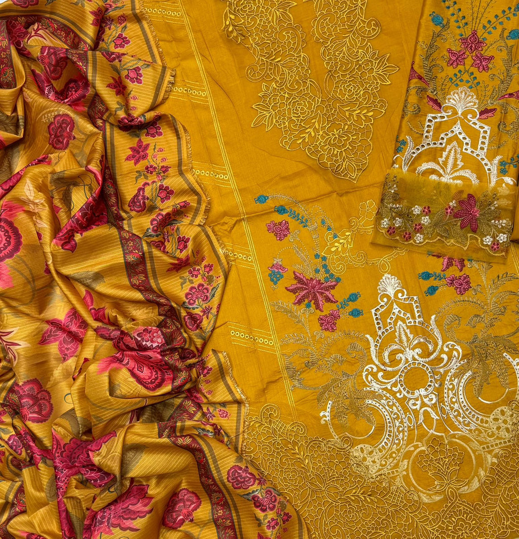 MOST DEMANDING EDITION 03PCS UNSTITCHED SUIT FABRIC lawn90/88 (SHIRT).... lawn (DUPATTA).... Digtal printed Monark duppta (TROUSER).... lawn