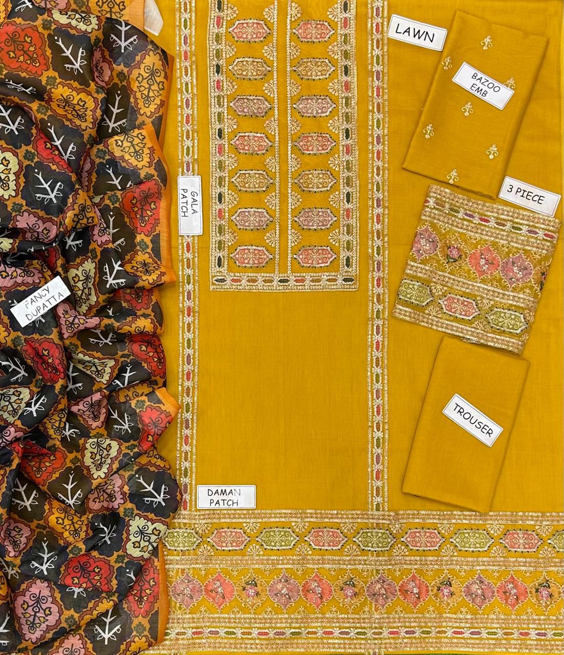 MOST DEMANDING EDITION 03PCS UNSTITCHED SUIT FABRIC lawn90/88 (SHIRT).... lawn (DUPATTA).... Digtal printed Monark duppta (TROUSER).... lawn